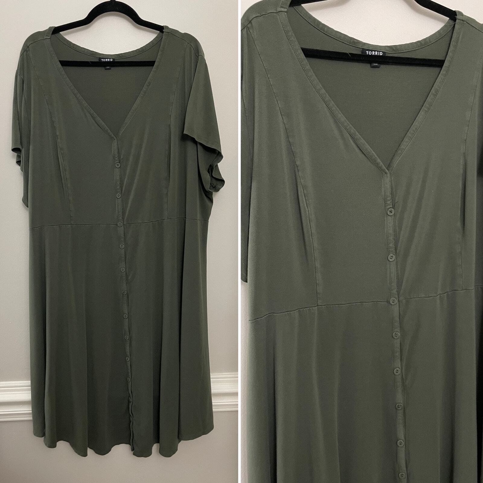 Torrid Olive Green Super Soft Button Down Stretchy Short Sleeve Midi Dress 5X