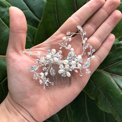 Bridal Pearl & Crystal Hair Comb - Silver Tone Rhinestone Crystal Bridal Hair Comb Silver Tone Flower Pearl  main image 2