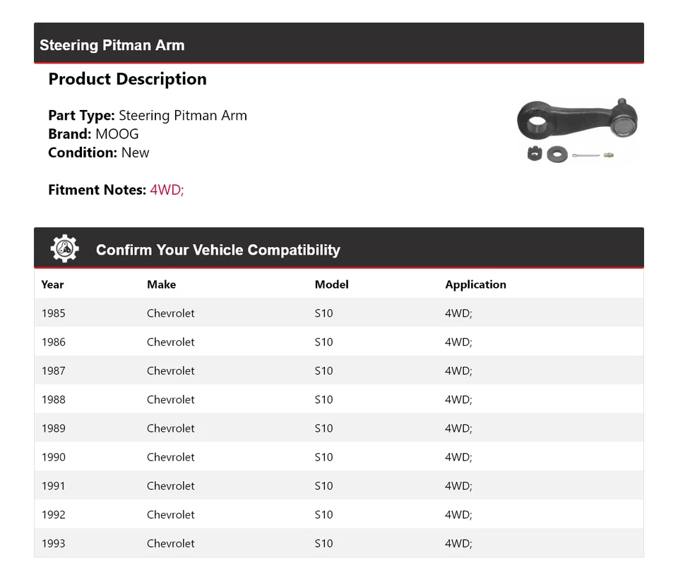 Для 1985-1993 Chevrolet S10 полный привод руль рычаг питмена MOOG 1985 1986 1987 1988 - Изображение 2 из 4