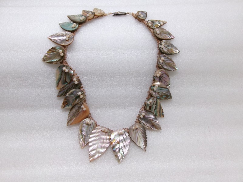 Antique Abalone Carved Leaves Choker Sewed on Top of Lace OOAK Old Silver Clasp