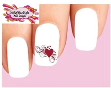 Waterslide Nail Decals Set of 20 - Red Hearts with Scrolls & Swirls