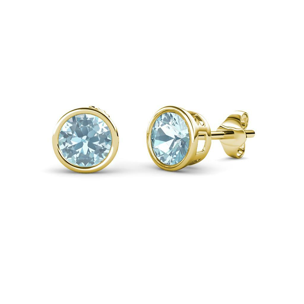 Aquamarine 4mm Bezel Set Solitaire Stud Earrings 0.40 ctw 14K Gold