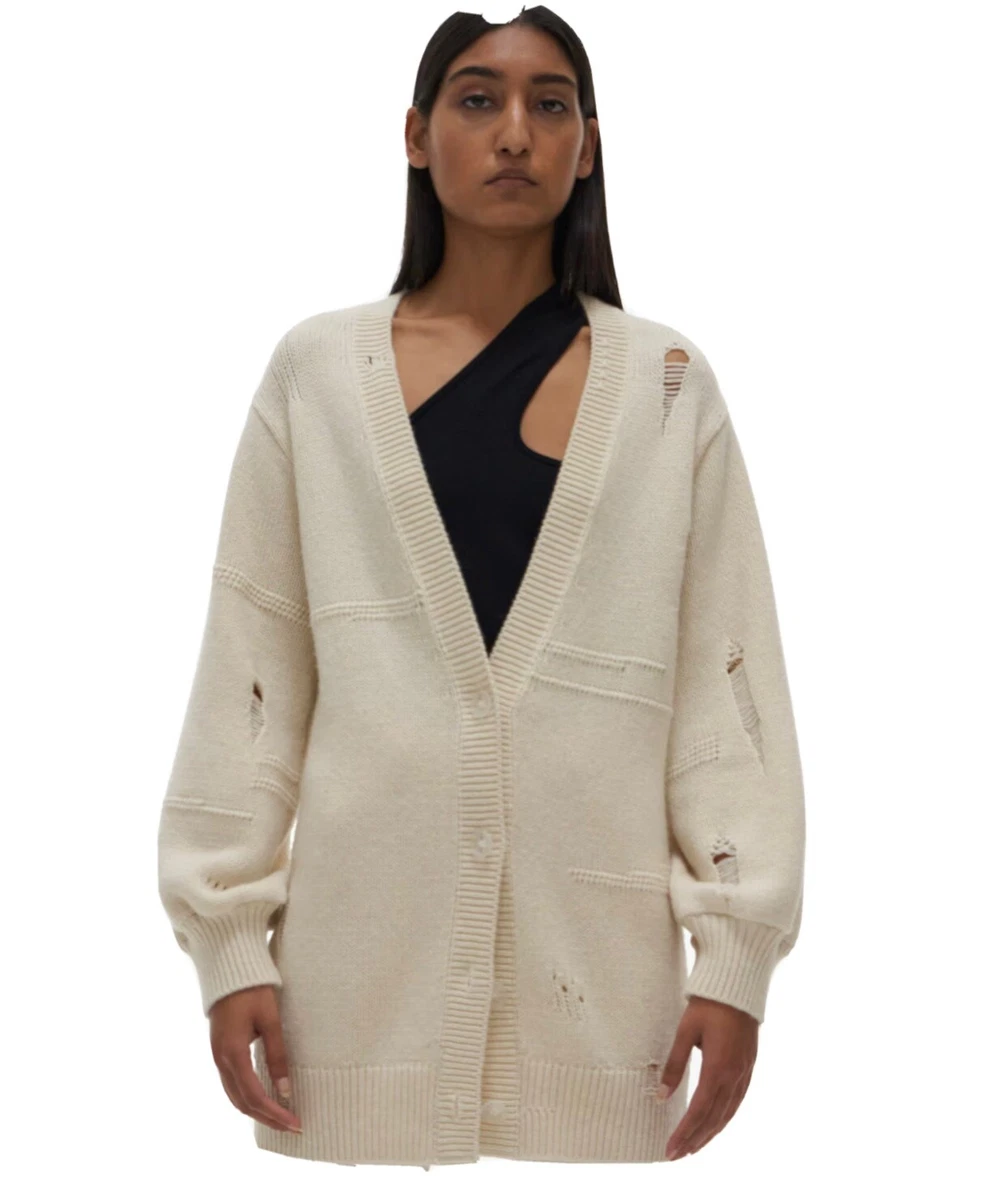 NWT Helmut Lang Ivory Distressed Wool Cardigan, size Small