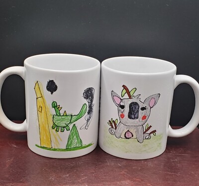 Lot of 2 Mugs Drawn Designed by Elementary Students Koala Bear & Dinosaur Unused
