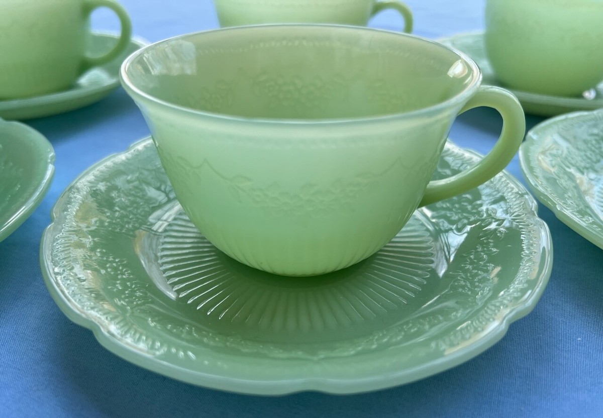 SIX Anchor Hocking Fire-King Alice Jadeite Floral Cup and Saucer