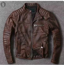 Men Hot Cafe Racer Leather Jacket Biker Brown Genuine Sheep Skin Leather
