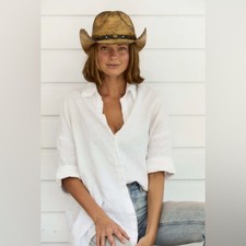 Brown Straw Cowboy Hat Beaded Band Sz 7 1/2 M/L Boho Western Vacation