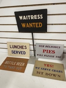 Vintage Diner Display Signs W/ Stand Lunches Served Waitress Wanted Pies NL
