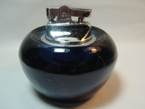 Vintage MCM Viking Cobalt Blue Glass Round Orb Table Top Lighter