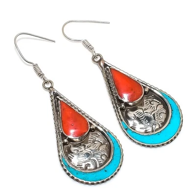 Boucles d'oreilles rouge corail turquoise Bahamas tibétains bijoux népalais... - Photo 1/4