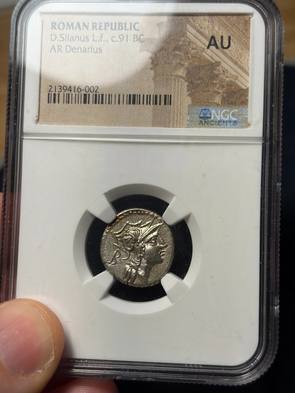 (#102845) Roman Republic D. Silanus.  91 BC  NGC AU. Old Collection (see video!)