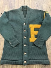 True Vintage 50s Wool Varsity Cardigan Sweater Green Football Letterman Sz L