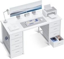 ODK 48 Inch White Computer Desk with 8 Fabric Drawers, Modern Office Desk