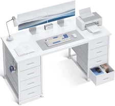 ODK 48 Inch White Computer Desk with 8 Fabric Drawers, Modern Office Desk