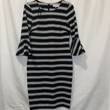 Calvin Klein Sheath Dress Size 6 Black Striped 3/4 Bell Sleeve Knee Length