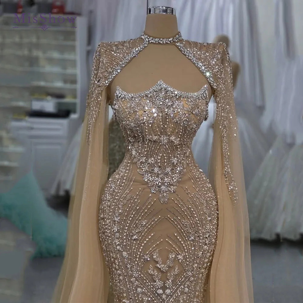 Luxury Evening Dresses Gowns Crystal Mermaid Dress with Cape Sleeves Wedding