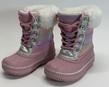 London Fog Girls Winter Snow Boots Size 7 Pink Rainbow Faux Fur Good Condition