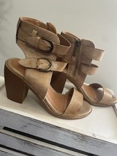 Brown Ankle Strap Sandal Tan Faux Leather W/ Block Heel Size 6