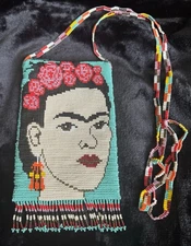 Boho  Hand-Beaded Frida Kahlo Purse ~ 4.75” X 7” Top Zip Satin Lining  23” Strap