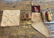 6 Primitive Hand Made Fabric Christmas Stocking Mouse Snowman Ornaments Lot