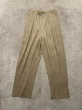 Issey Miyake Gold Beige Pleated Wide-Leg Pants Elastic Waist Japan Pleats L VTG
