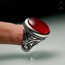 Genuine Red Yemeni Aqeeq Ring Natural Agate For Men’s Jewelry