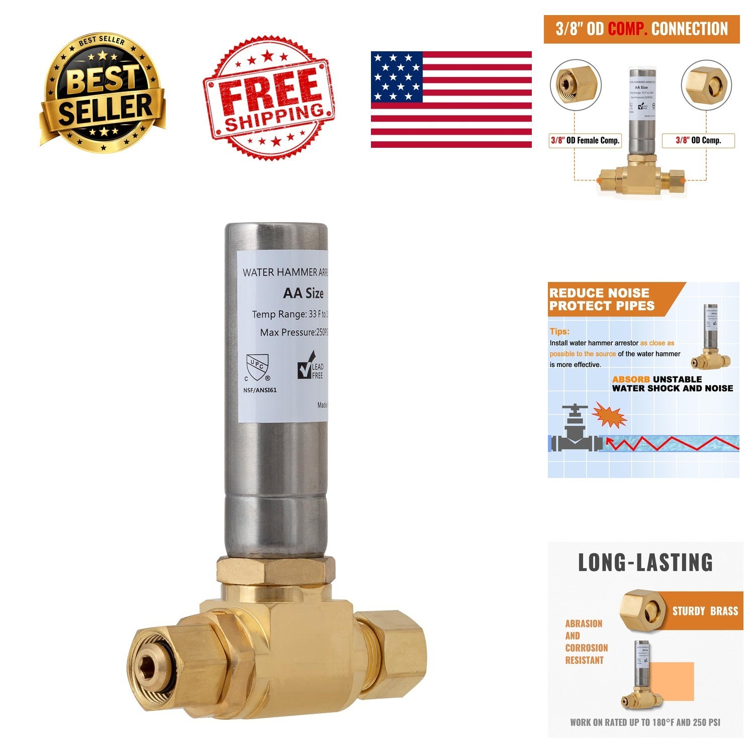 Water Hammer Arrestor 3/8 In Tee Stainless Steel Brass Compression Fitting
