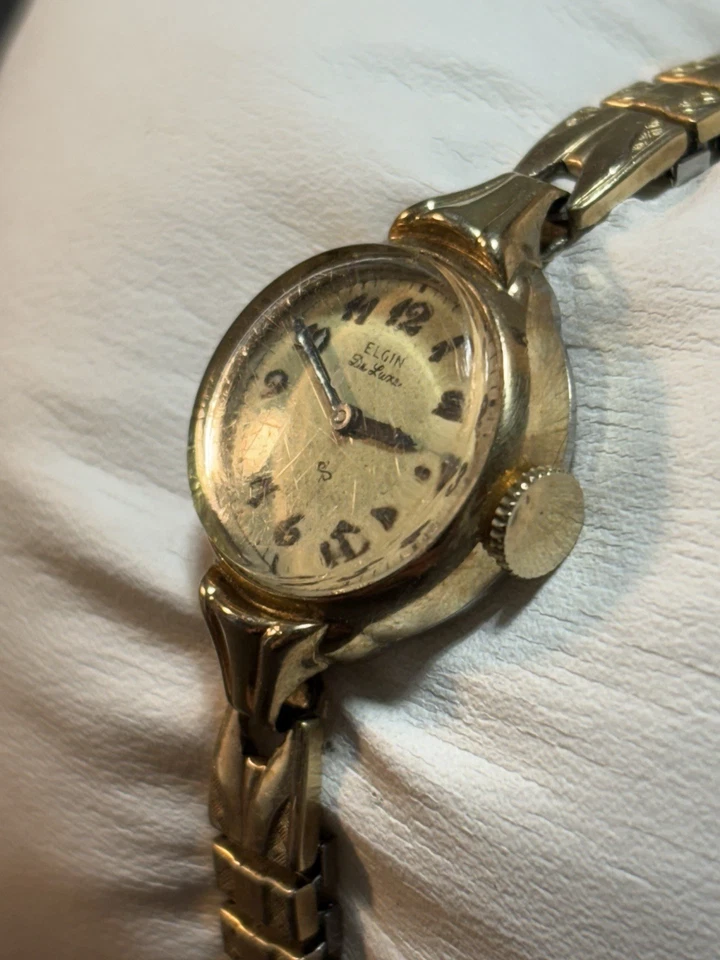 Reloj mecánico de cuerda vintage Elgin De Luxe para mujer 10K RGP para dama funciona Foto 3 de 4