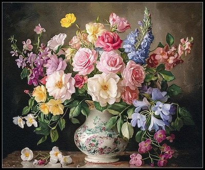 Spring Bouquet with Primrose Counted Cross Stitch Patterns - Color & BW Symbols