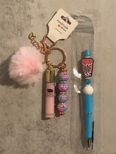 Handmade "Nurse Fuel" Beaded Pen  Lip Gloss Pom-Pom Keychain Set