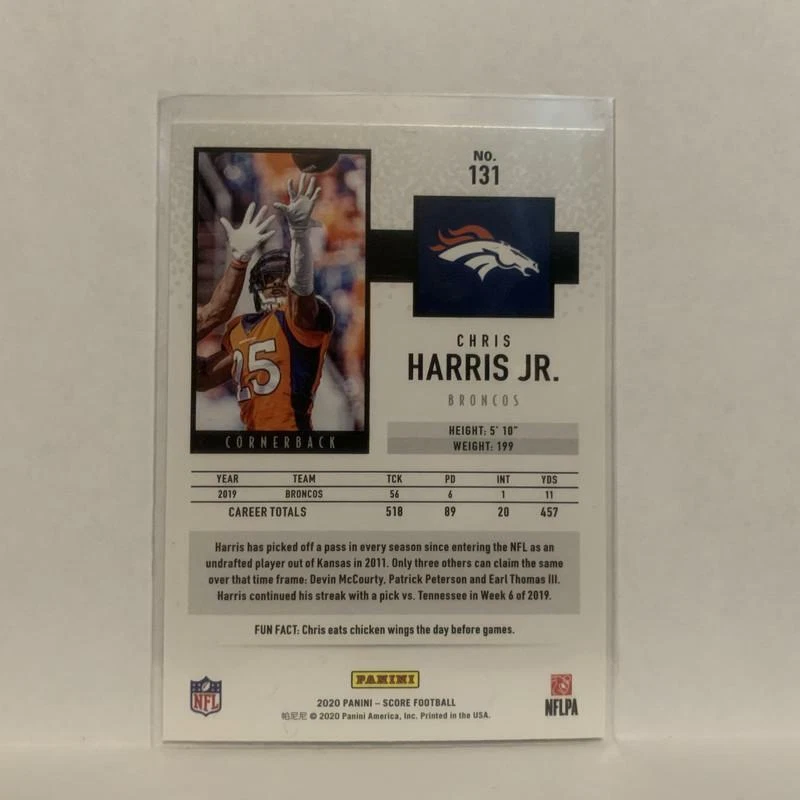 #131 Chris Harris Jr. Denver Broncos Gold  2020 Score Football Card LC - Image 2 of 2