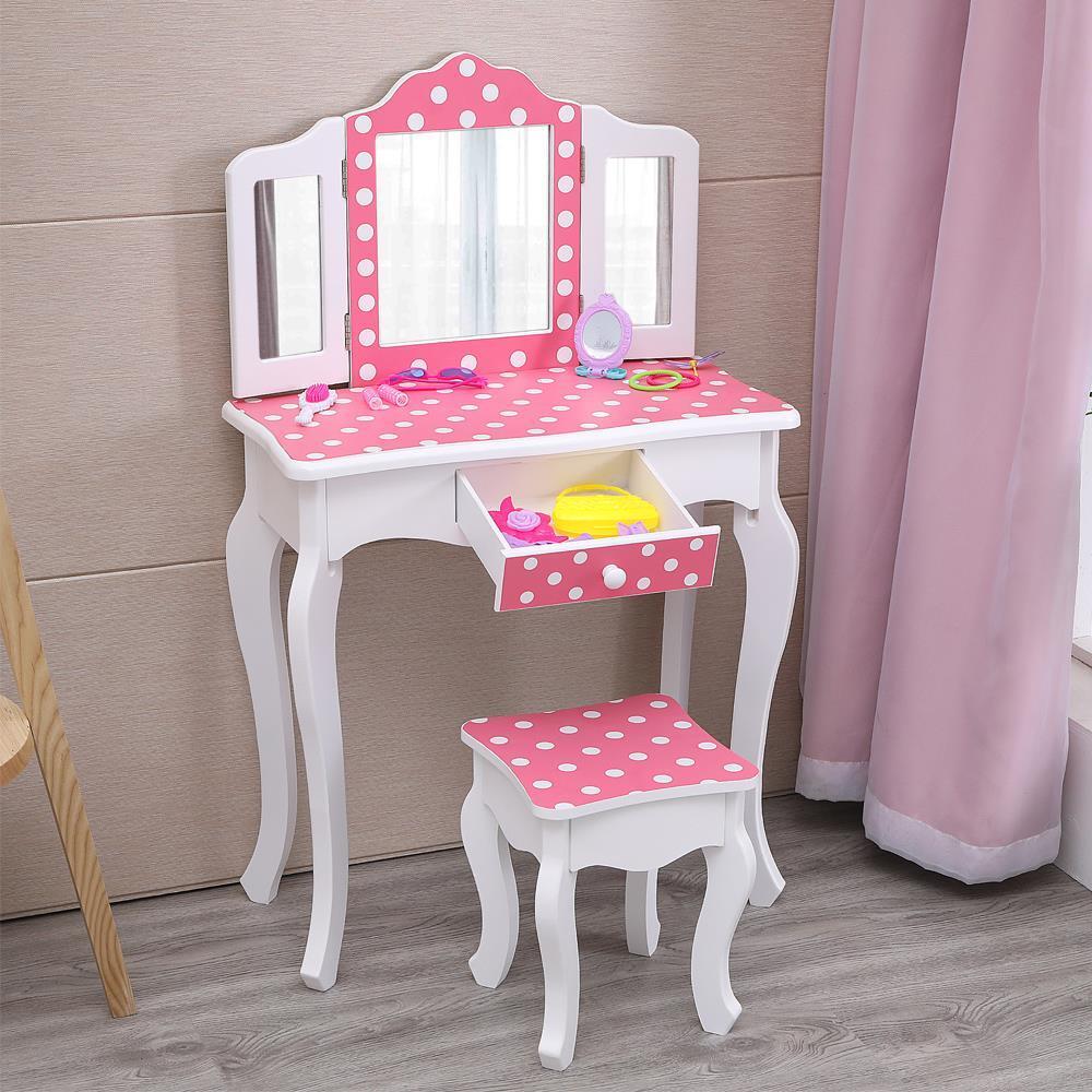 Little Girls Pink Pretend Beauty Makeup Toddler Play Set Vanity Table w/ Mirror