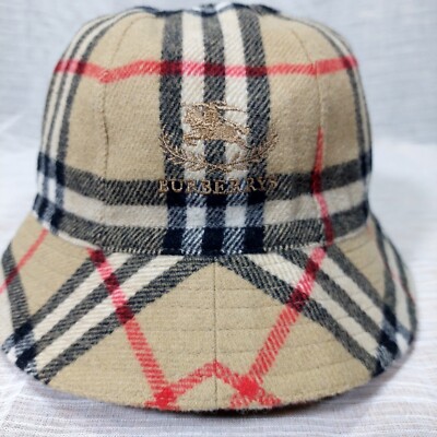 Vintage BURBERRY Bucket Hat/Cap Stitched Logo Beige Nova