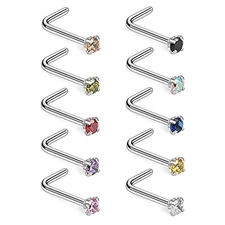 10PCS 18G Surgical Steel Color CZ Nose Stud Rings L Shaped Body Piercing Jewelry