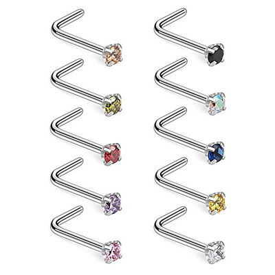 10PCS 18G Surgical Steel Color CZ Nose Stud Rings L Shaped Body Piercing Jewelry