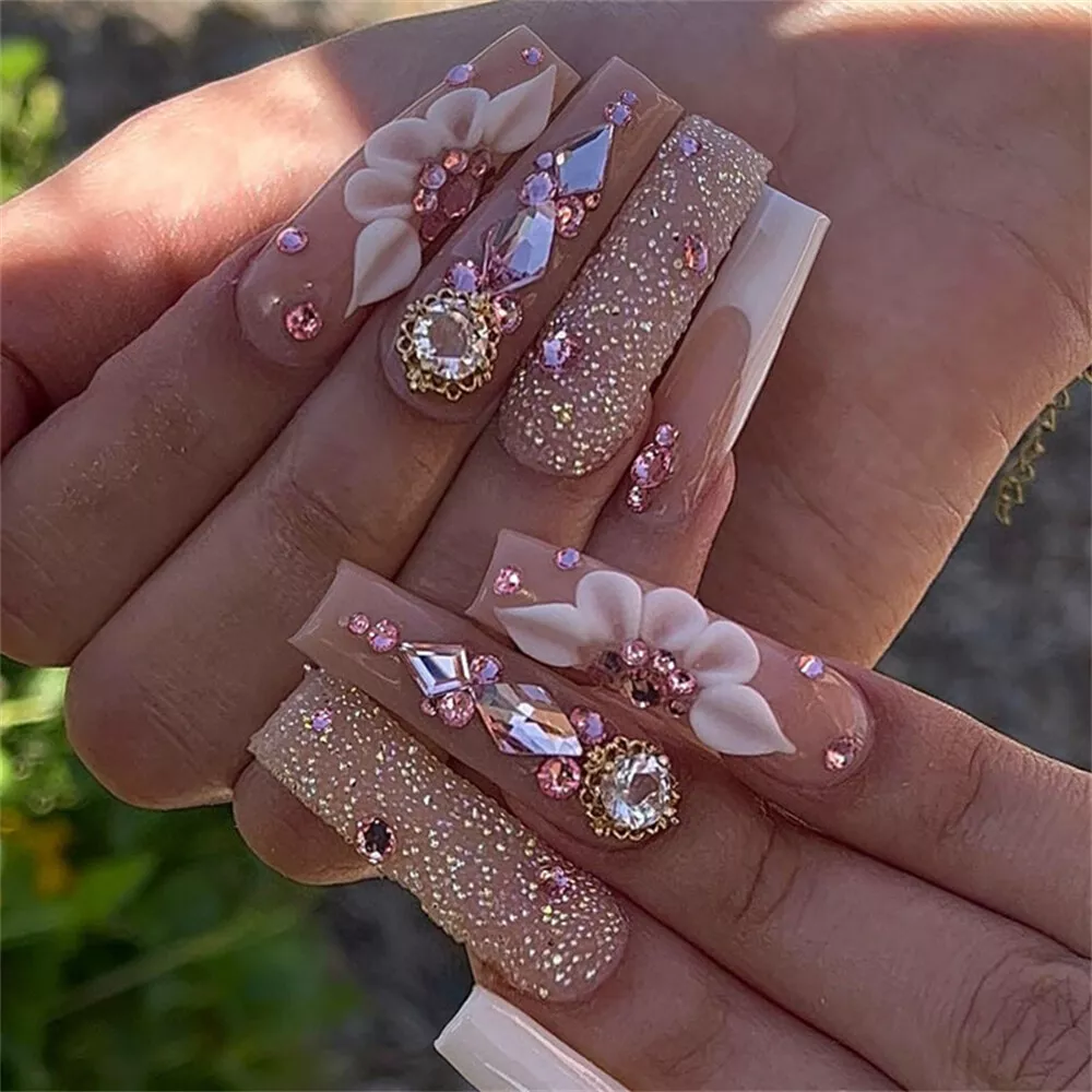 Glitter Diamond Flowers False Nail Long Coffin Press on Nails for Nail Art  24pcs