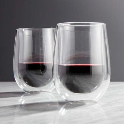 Set of 2 Double Wall Insulated Glass Stemless Wine Glass Coffee Mug 12 oz