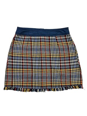 Zara Basic Denim Check Knit Woven Fringe Skirt Size M Button Front