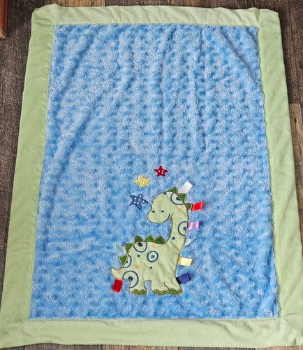 Baby Boys Soft BLANKET Blue Green Dinosaur Ribbon Tags Taggies Security Lovey - Picture 7 of 7