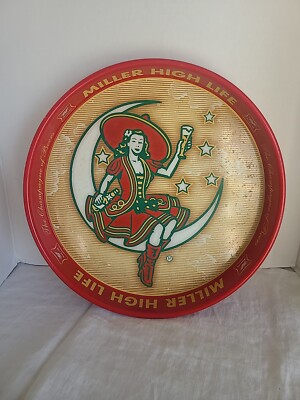 Vtg. 1999''MILLER HIGH LIFE'' Metal Beer Tray'' Lady Sitting on the Moon!!