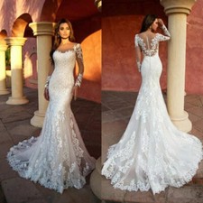 Lace Mermaid Wedding Dresses Scoop Neck Long Sleeves Appliques Buttons Back New