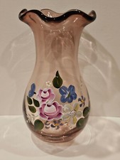 Vintage Fenton 8" Ruffled Purple Amethyst Glass Vase, Hand-Painted Flowers