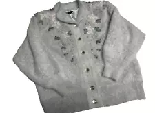 Venesha Angora Super Soft Cardigan Sweater Gray With Applique Flowers Size S