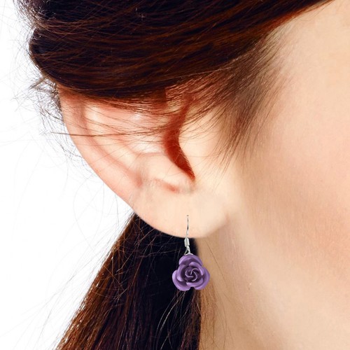 Simply Beautiful Blooming Purple Rose Dangle Earrings - Picture 4 of 4