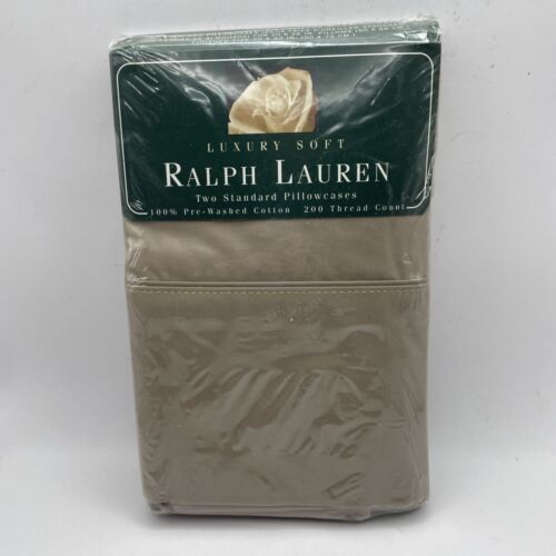 NWT Ralph Lauren 100% Cotton Two Pillowcases Khaki Standard Size 20”x30” Luxury - Afbeelding 1 van 5