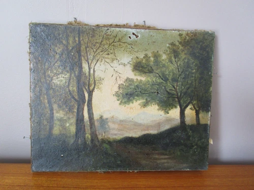 Oil On Canvas Painting Landscape Under Wood Unsigned