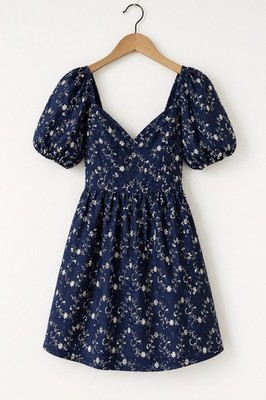 Francesca s Navy Floral Mini Dress Puff Sleeve Sweetheart Neck Embroidered M