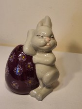 Vintage Szary przeszklony Królik Wielkanocny Fioletowy Pęknięte jajko Wielkanoc Wiosenna Dekoracja