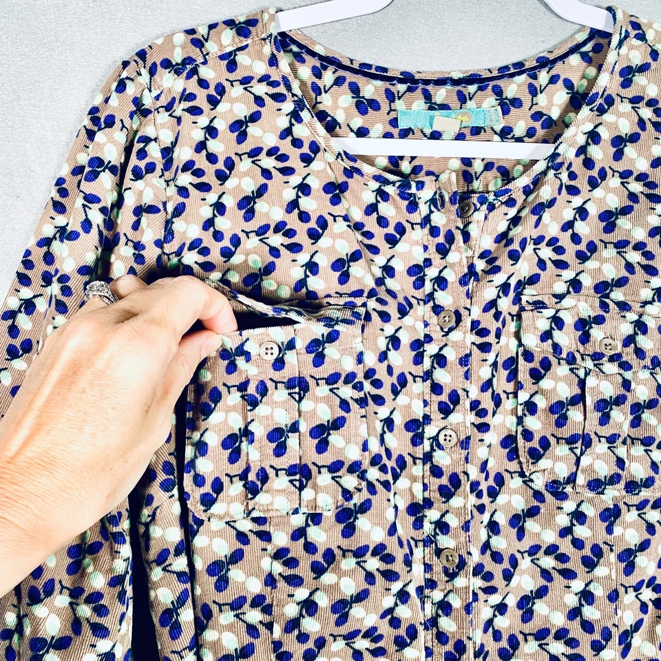 Boden Corduroy Dress Womens 12 Beige Blue Cotton Button Up Belted - Image 4 of 4