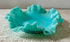 VINTAGE FENTON  RUFFLED  TURQUOISE  BLUE GLASS HOBNAIL-6" BOWL-DISH